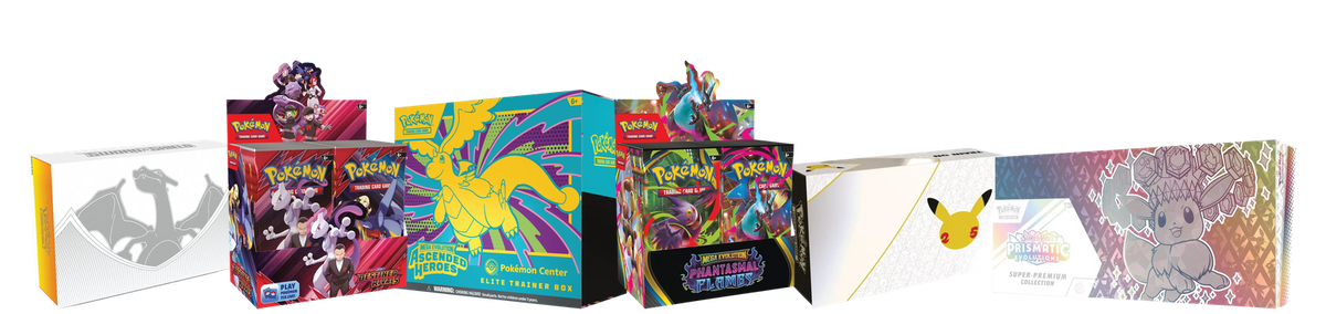 A line-up of sealed Pokémon TCG boxes